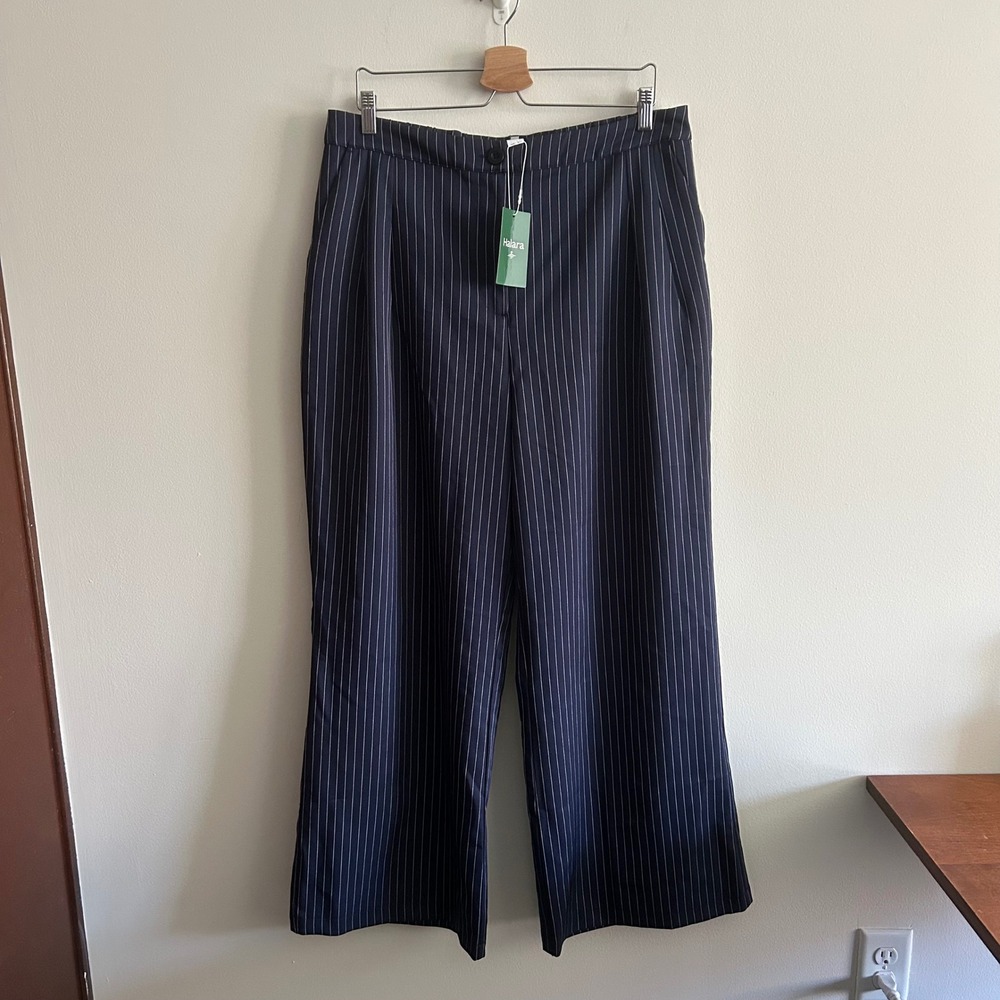 NWT Halara Wide Leg Pinstripe Trousers Navy Blue XL Regular High Waisted Pockets